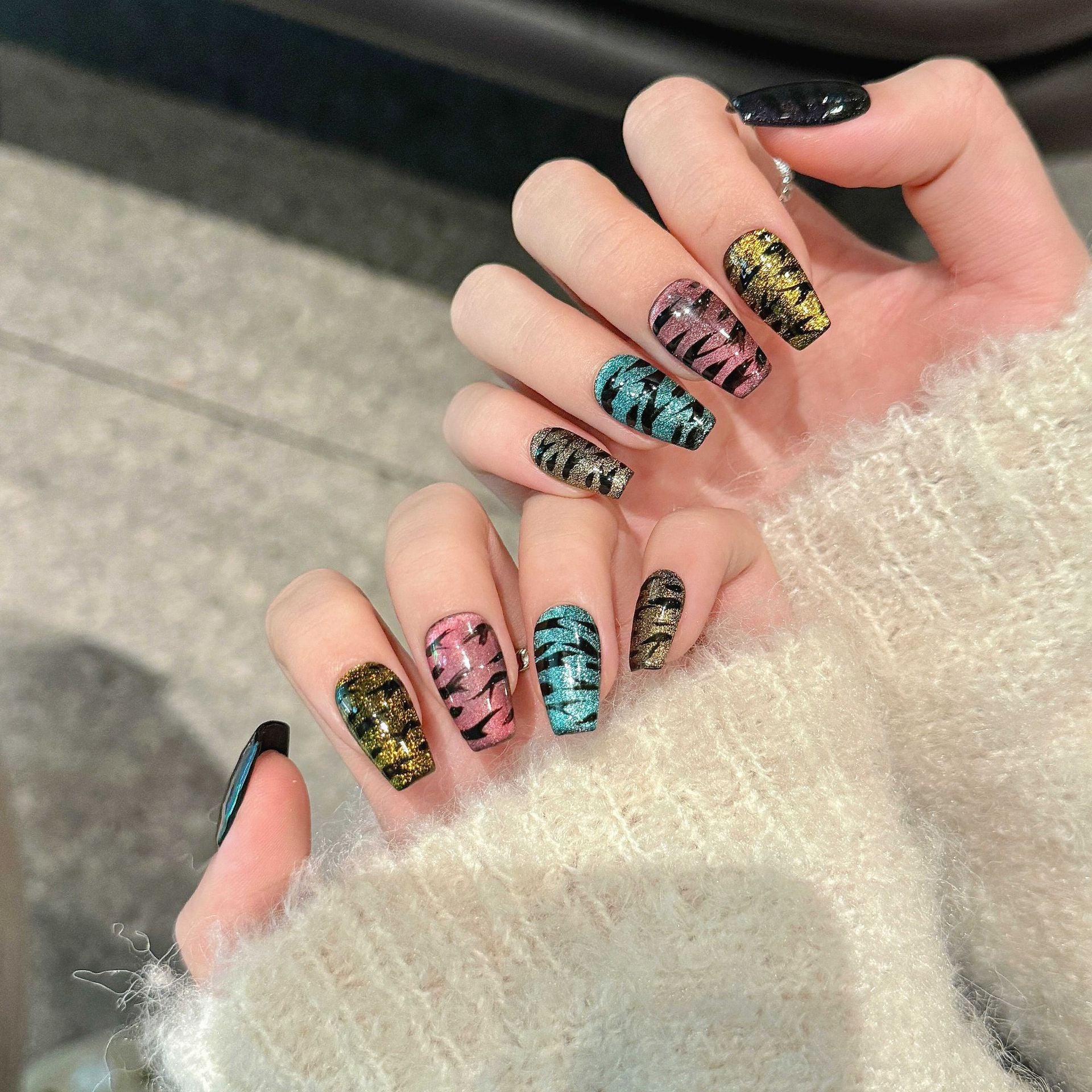 365nails: "Electric Safari" – Multi-Color Metallic Tiger Stripe Handmade Medium Square Nails