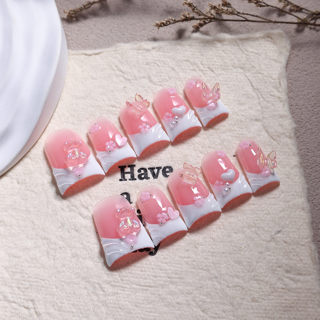 Pink Jelly French Nails with Bear and Butterfly Accents