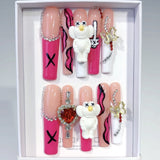 Pink Teddy Bear Heart Charm Statement Press On Nails