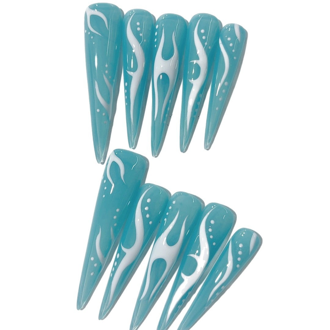 Aqua Flame Y2K Glossy Press On Nail Set