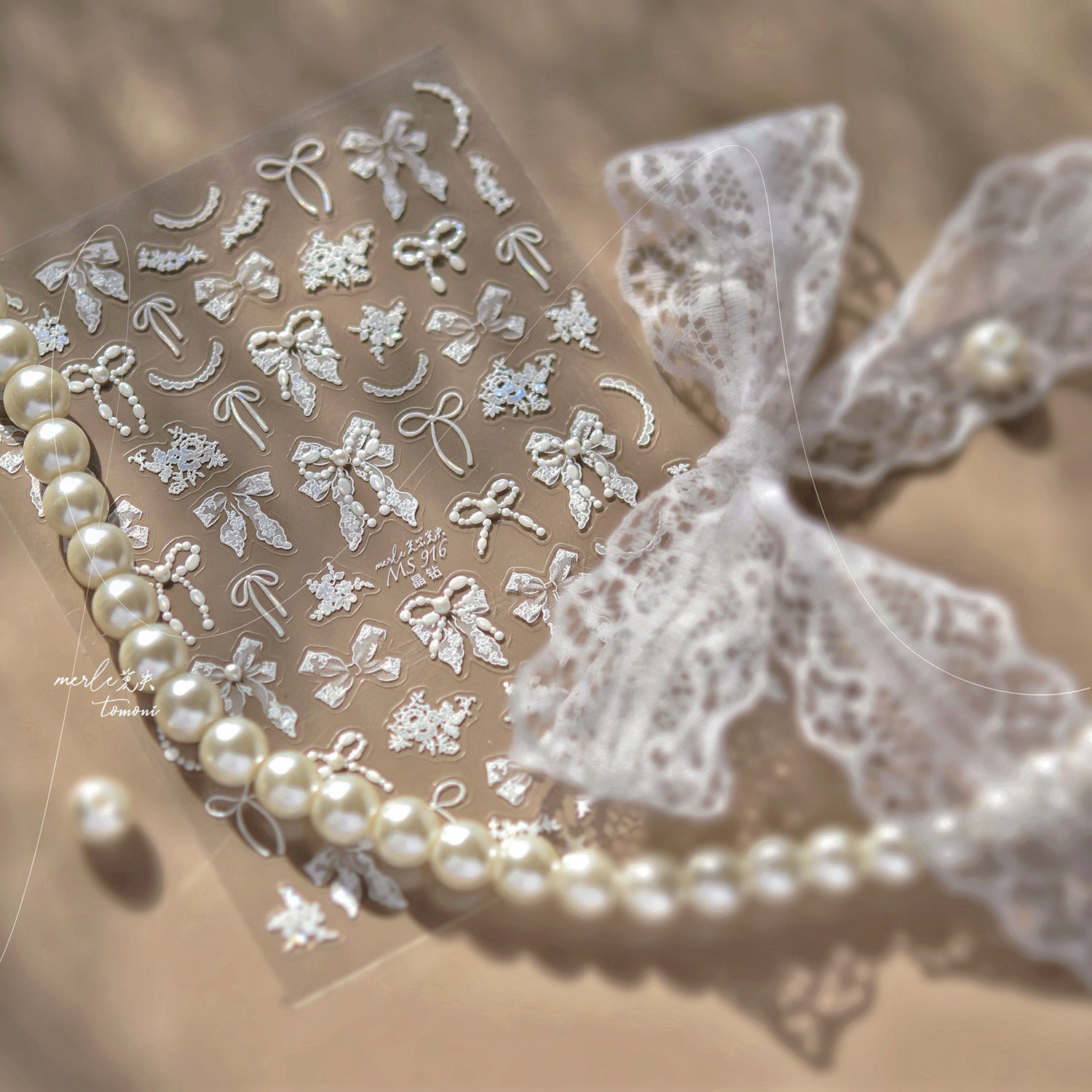 White Lace Bow Nail Stickers – Holographic Rhinestone Embossed Set
