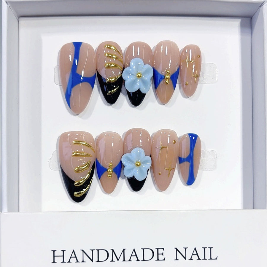 Blue Bloom: "Nude Gold Chain" – Almond Shape Handmade Press-On Nails