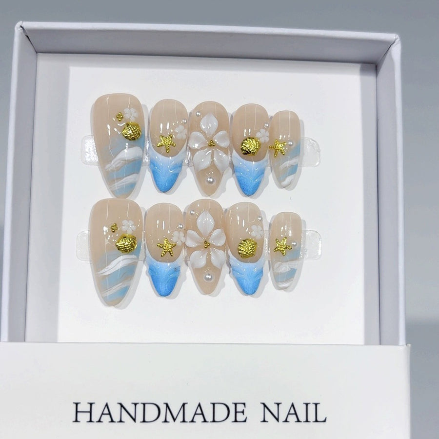 Coastal Breeze: "Seashell Bloom" – Medium Almond Handmade Press On Nails