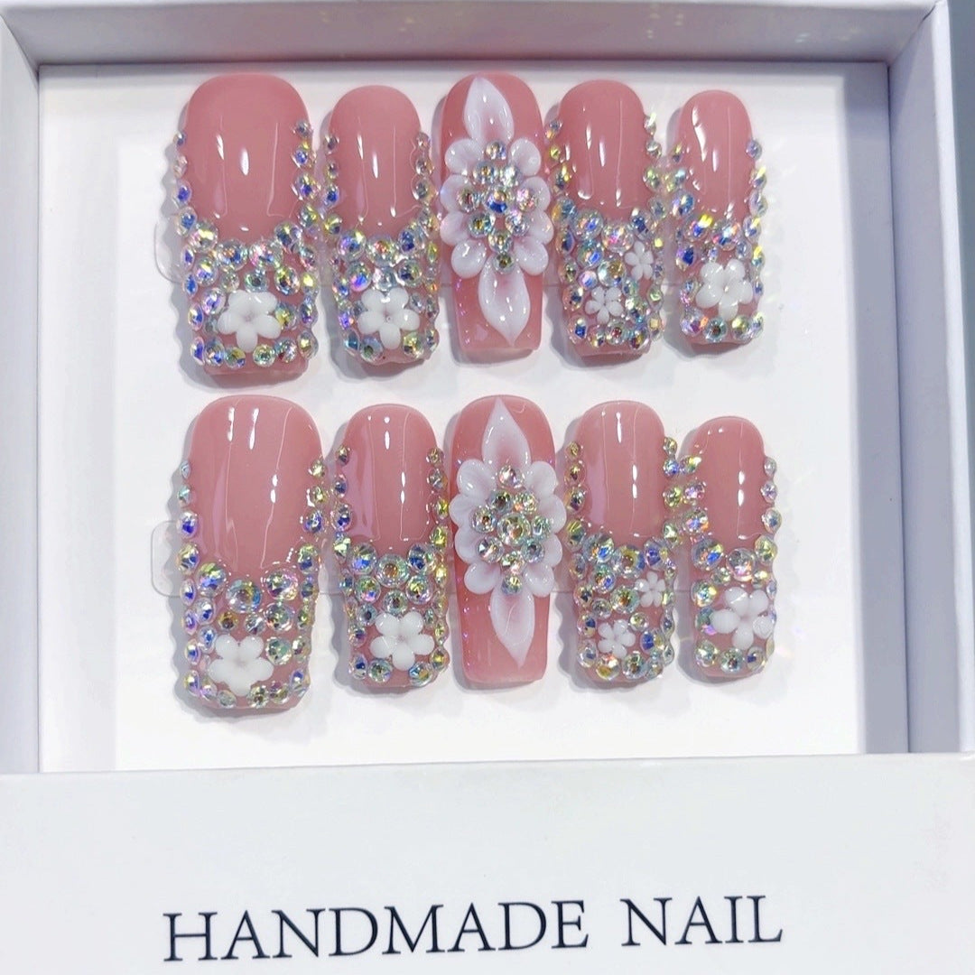 Luxe floral cristal : "Strass & Fleur" – Ongles press-on forme carrée