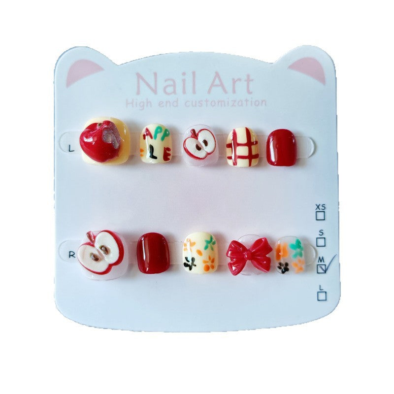 365nails：「歡樂紅蘋果」– 短款 圓形 手工製 兒童 穿戴甲