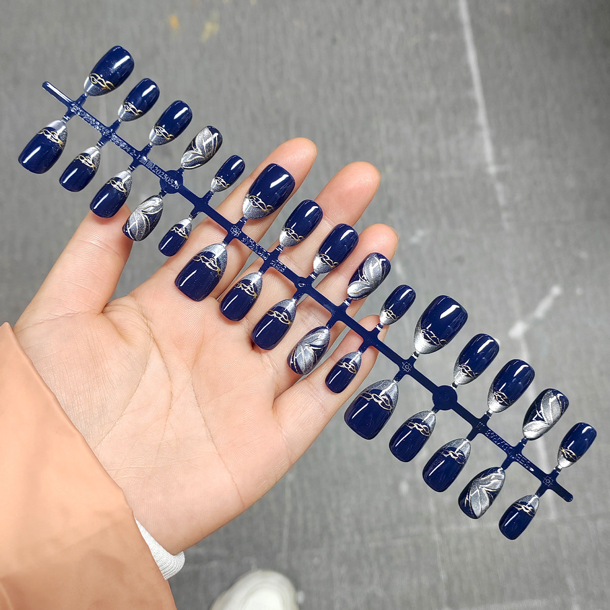 Midnight Bloom Collection: "Silver Orchid" – Medium Almond Press-On Nails