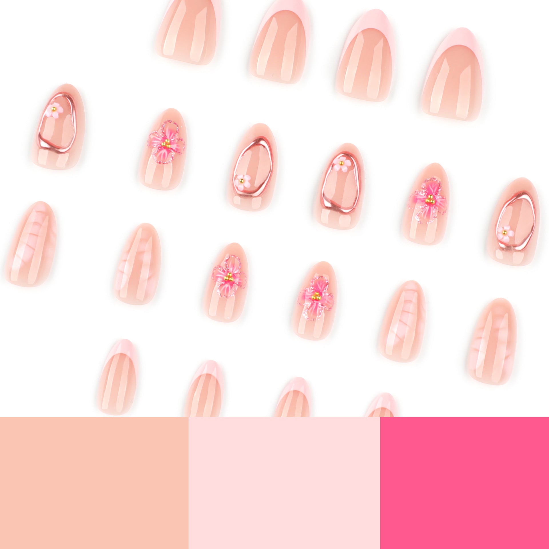 Manicure curta amêndoa francesa flor 3D rosa ｜365nails