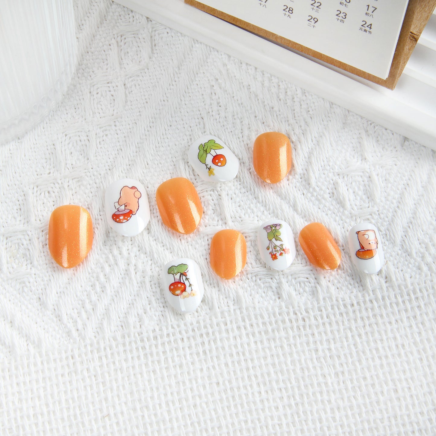 Kids press-on nails Cartoon Mushroom Bear Self-Adhesive Nail Art Pointed Almond Nail 24 Pieces Hot Sale