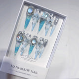 Icy Blue Sculpted Floral Crystal Fantasy Press On Nails