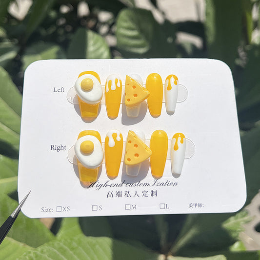 Desenho animado tridimensional gema de ovo queijo fofo médio e longo nail art remendo unhas postiças puras feitas à mão unhas postiças atacado ｜365nails