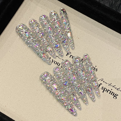extra long pure handmade nails bursts full of diamonds, light luxury nail art, fake nails, and advanced nail wear | 365nails