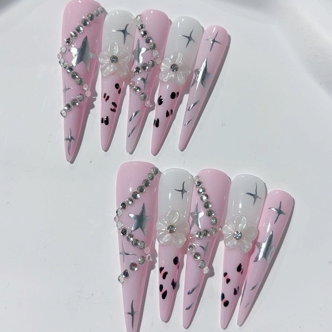 Conjunto de unhas postiças Pink Star Crystal Y2K