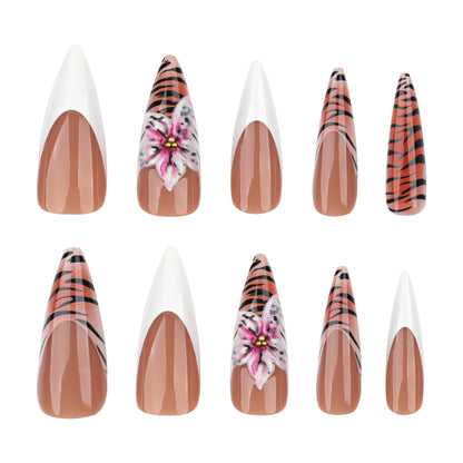 Europa, América, otoño e invierno, manicura popular francesa sencilla blanca para usar, uña postiza con estampado de leopardo en 3D y flores｜365nails