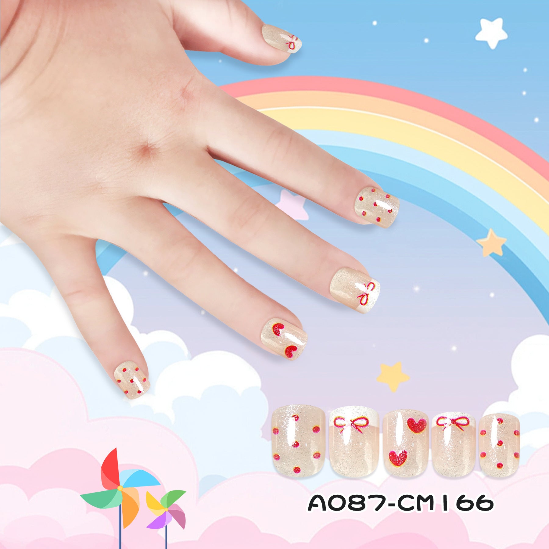 Kids press-on nails Red polka dot love glue-free 24 pieces white French nude spot