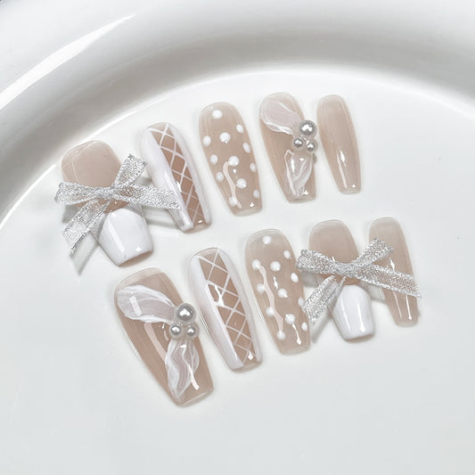 Adesivo de unha francês fofo e fofo feito à mão com gelo, médio e longo, para unhas postiças, atacado ｜365nails