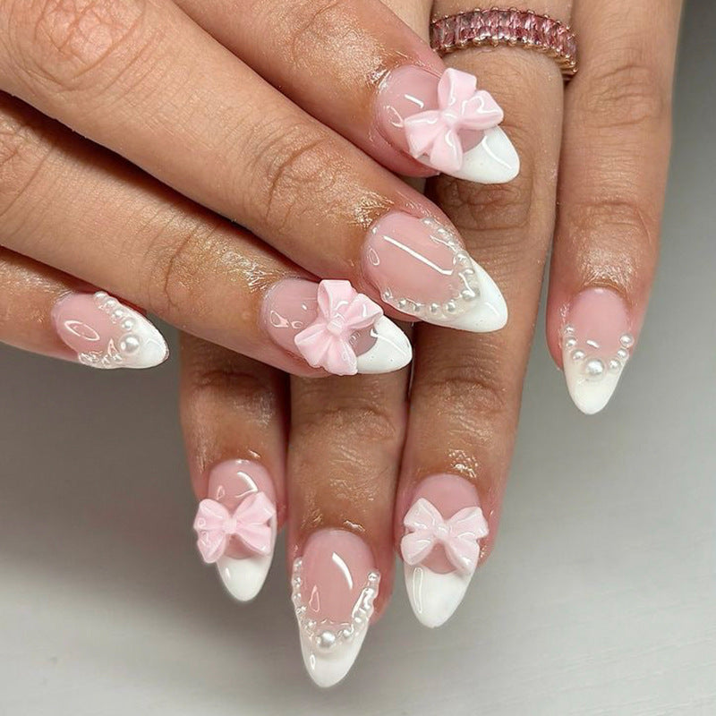 French Almond Press On Nails with 3D Pink Bows & Rhinestone Details