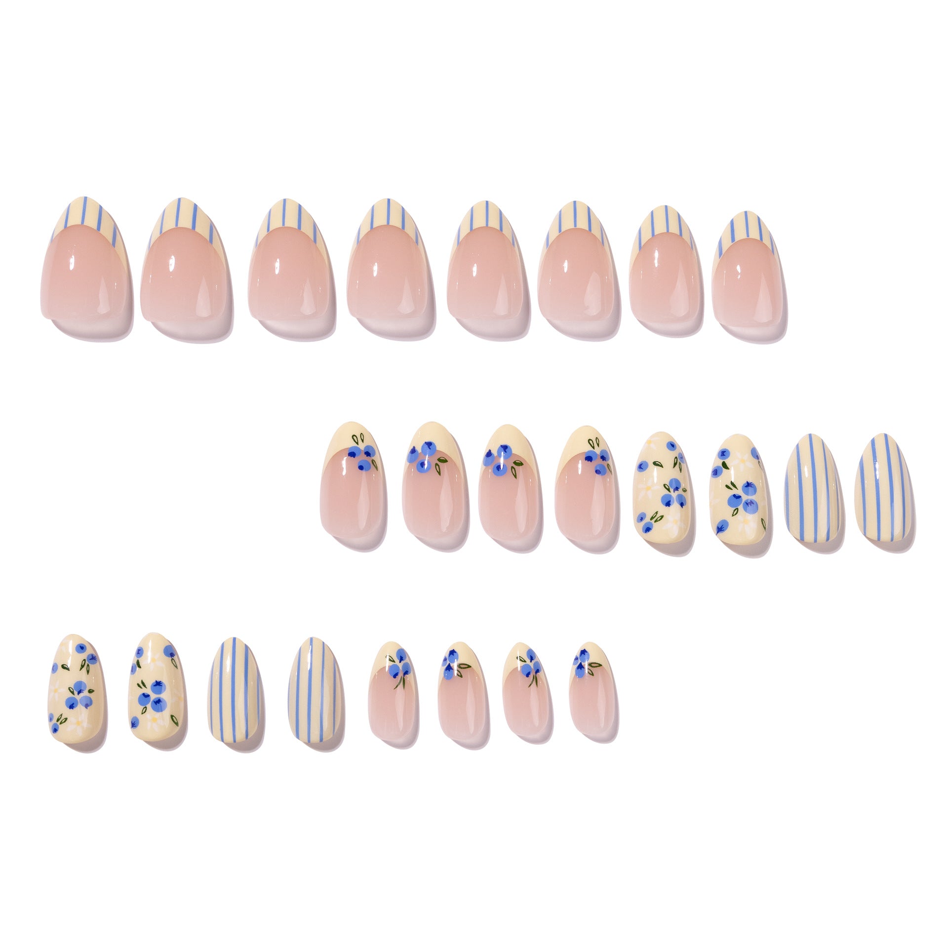 365nails: "Blueberry Floral Stripe Oval" – French Tip Press-on Nails