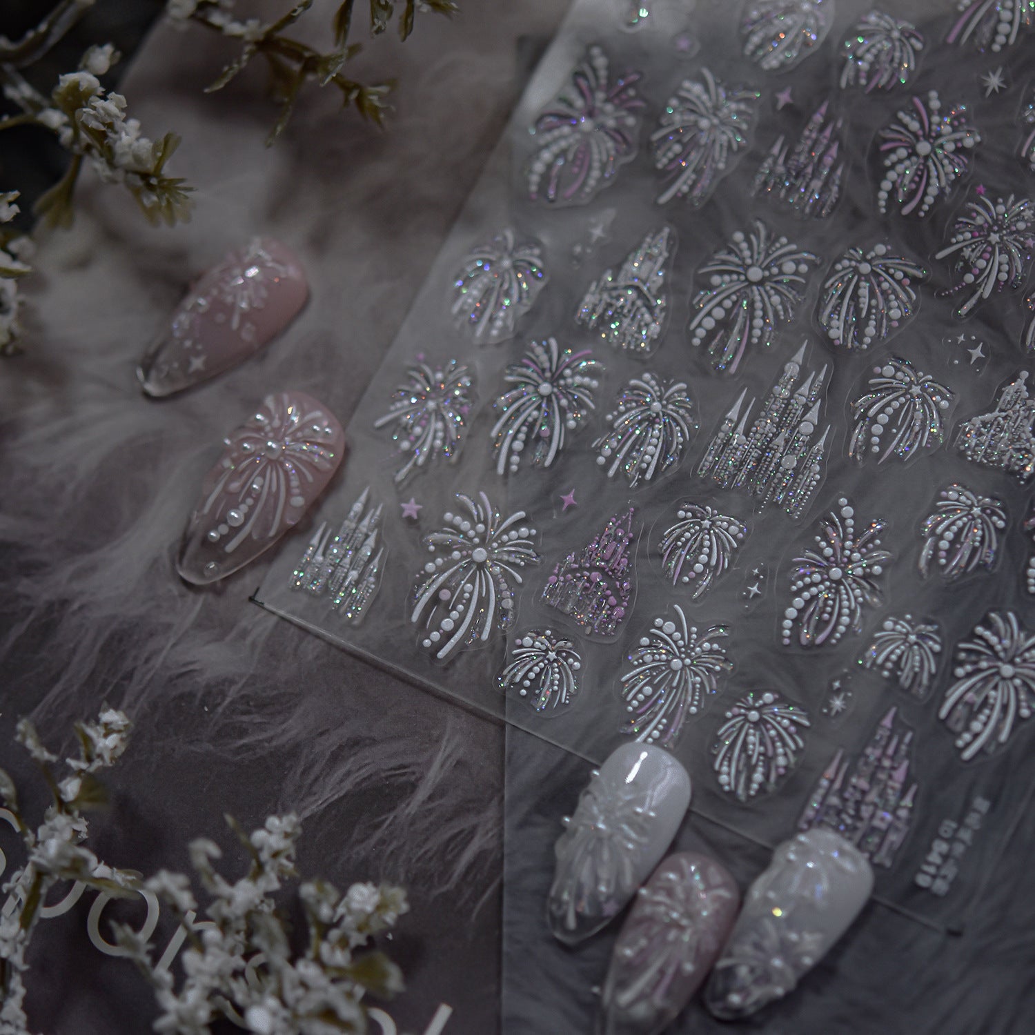 Holographic Firework Nail Stickers – 3D Embossed Iridescent Celebration Set