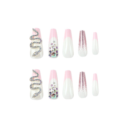 Wear nail wholesale pink French with pink purple glitter and snake rhinestones Wear nail art finished nail pads｜365nails