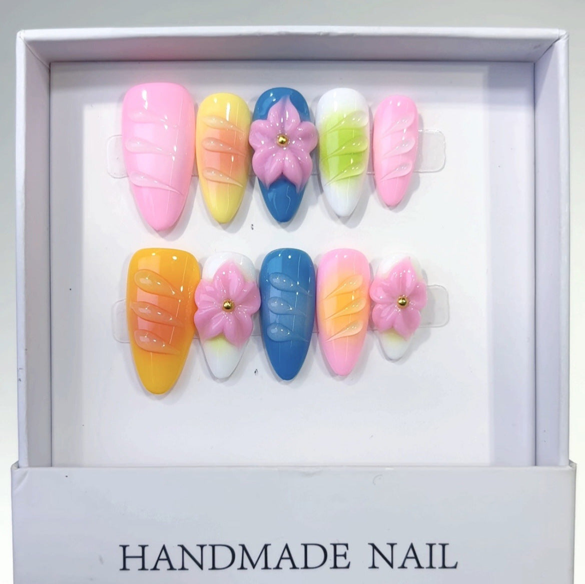 Rainbow Fantasy: "Vivid Floral Echo" – Almond Shape 3D Handmade Press On Nails