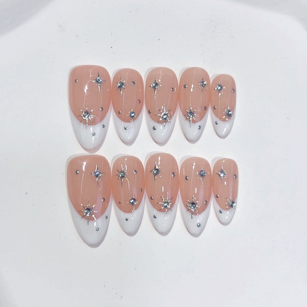 Starry French: "Silver Star" – Almond Press-On Nails