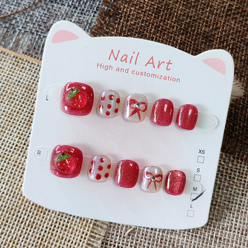 365nails: "crystal red strawberry" – short round handmade kids press-on nails