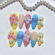 365nails: "Rainbow Floral Mermaid" – Medium Almond Colorful Floral Handmade Press-On Nails