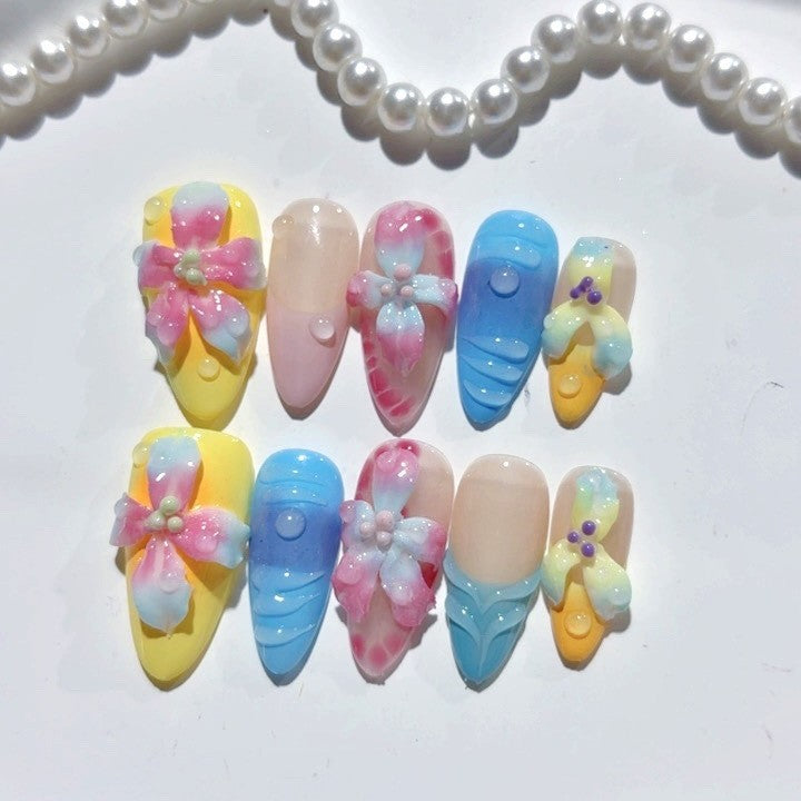 365nails: "Rainbow Floral Mermaid" – Medium Almond Colorful Floral Handmade Press-On Nails