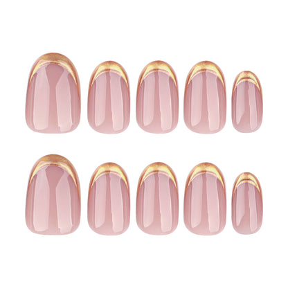 Simple short short short round naked powder nail art French gold wearable fake nail gold pulp 3D wearable nail piece wholesale｜365nails