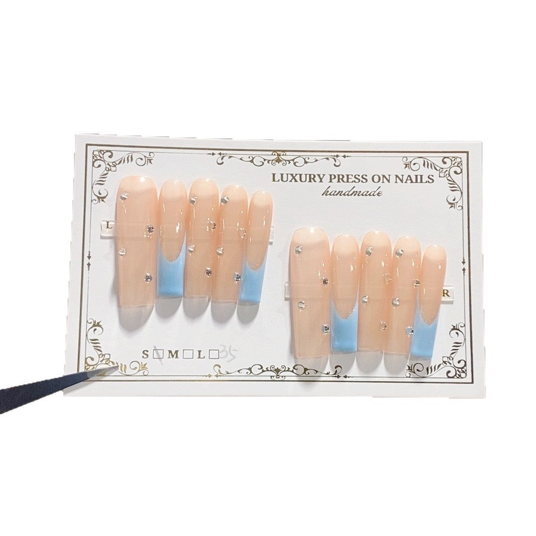 Nude Blue Minimal Crystal Accent Press On Nails