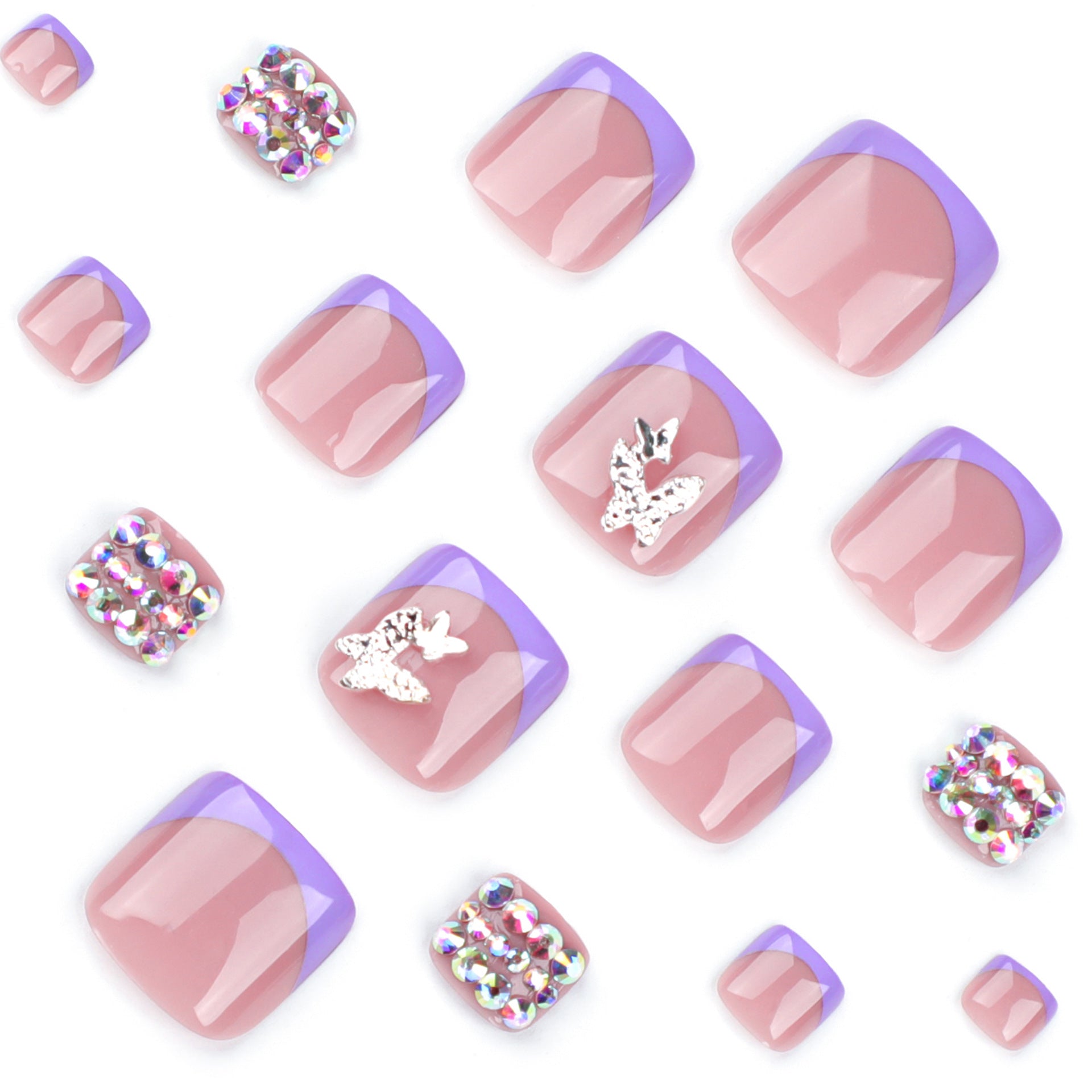 法式紫色足部穿戴甲｜彩色水鑽點綴 蝴蝶趾甲片｜365nails