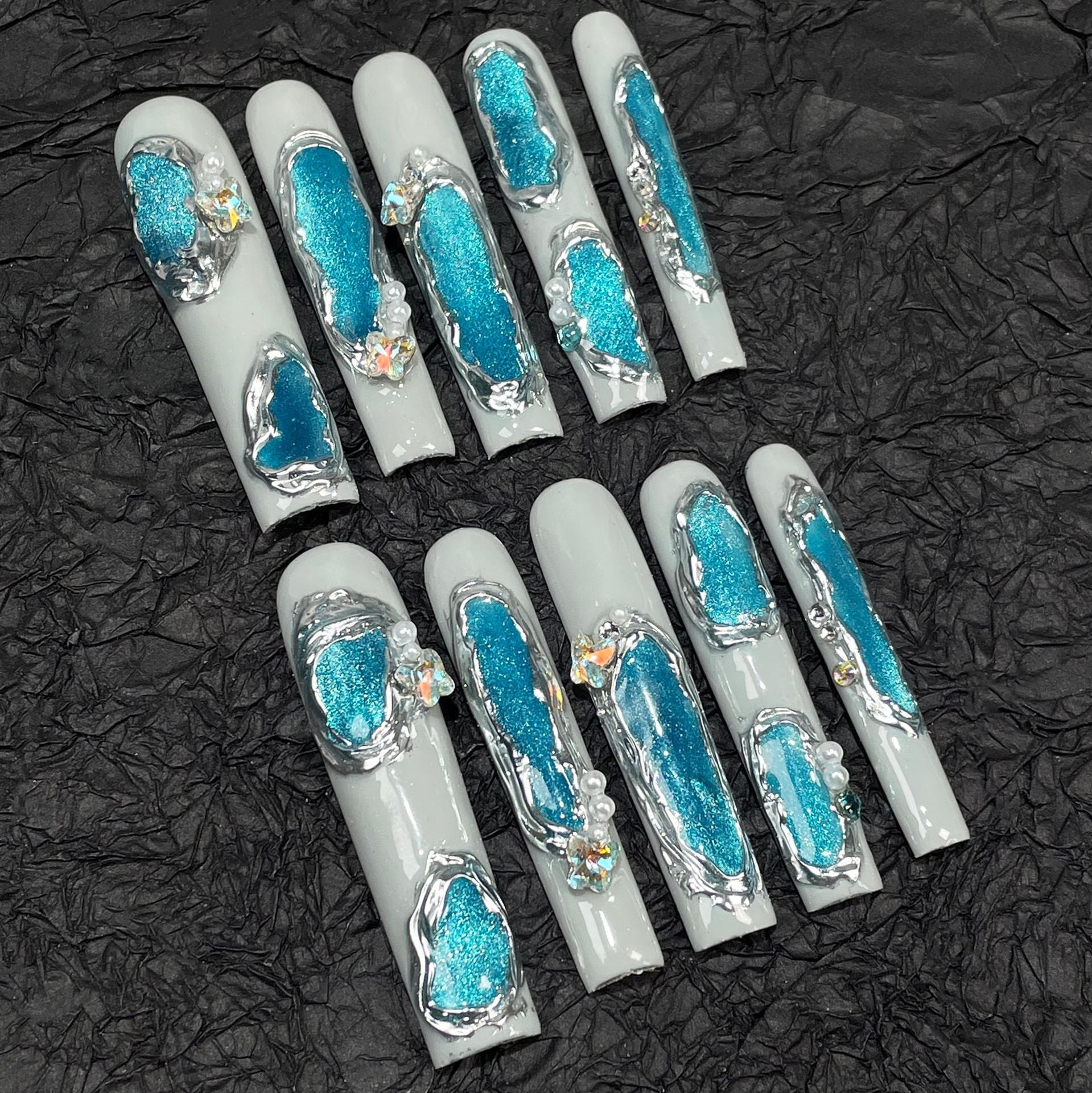 Manicure super longa com cachimbo de água, formato irregular, azul, olho de gato, unhas postiças artesanais, patch de manicure de luxo avançado e leve｜365nails