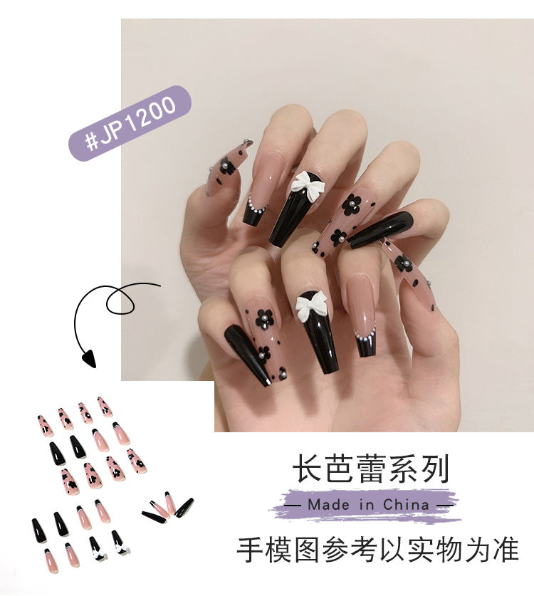 Balé francês longo com strass azul, linha ondulada, pequena flor preta, para manicure, fornecimento direto, patch 365nails