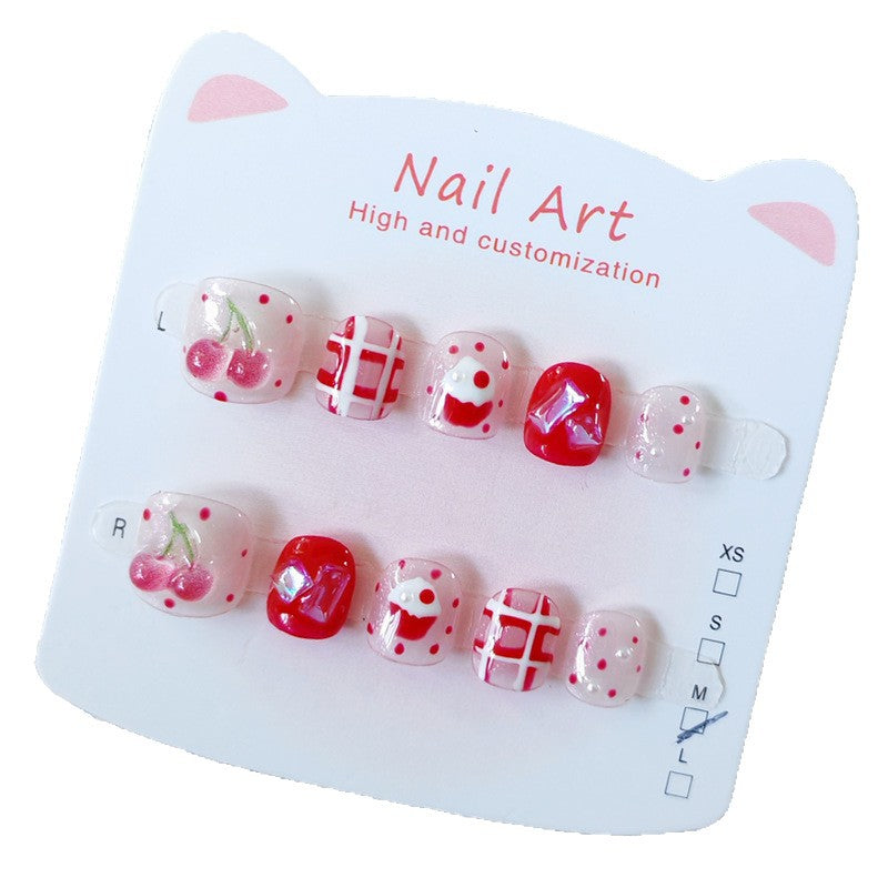 365nails: "jelly cherry picnic" – short round handmade kids press-on nails