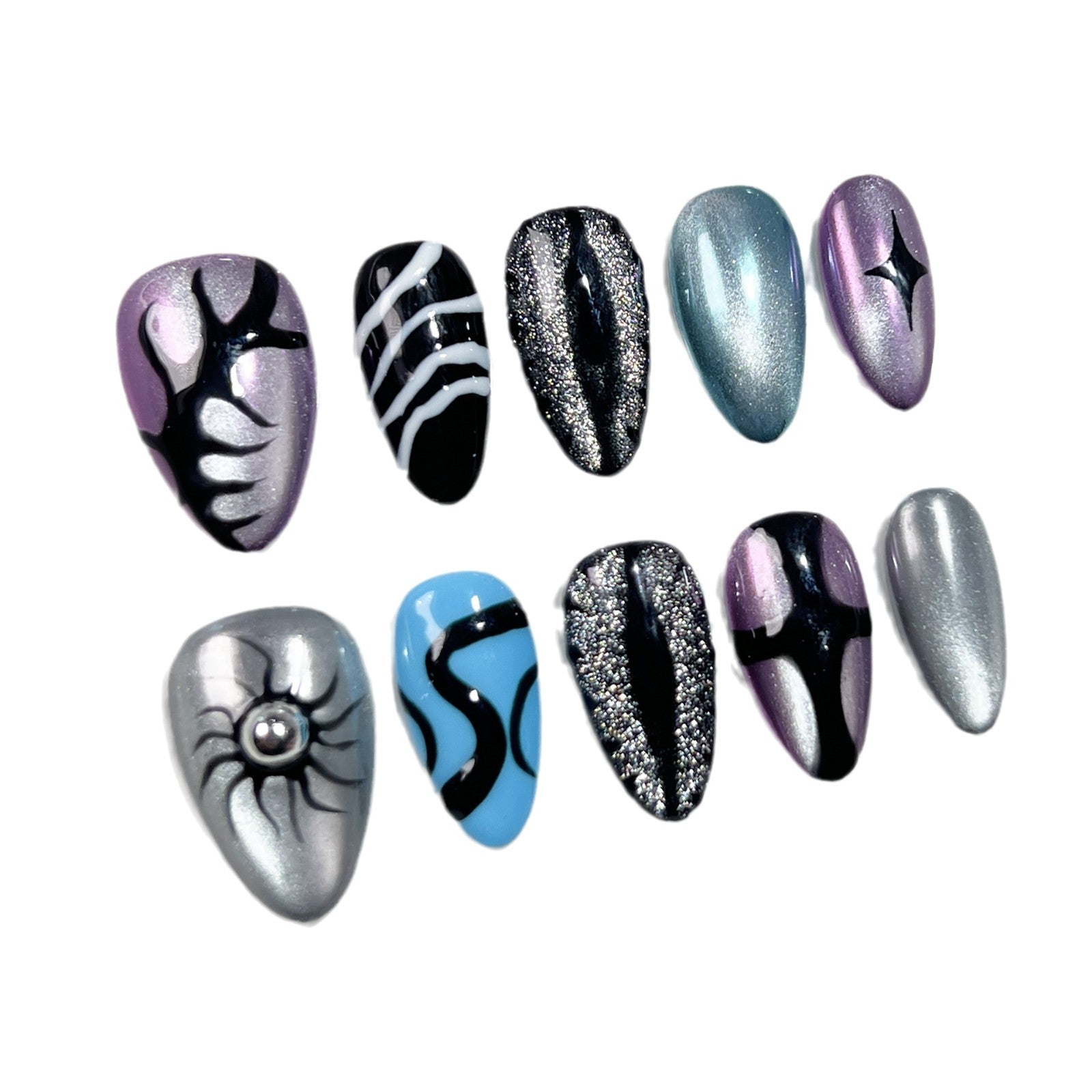 Hand-Painted Cat-Eye Nails with Silver Metallic Accents