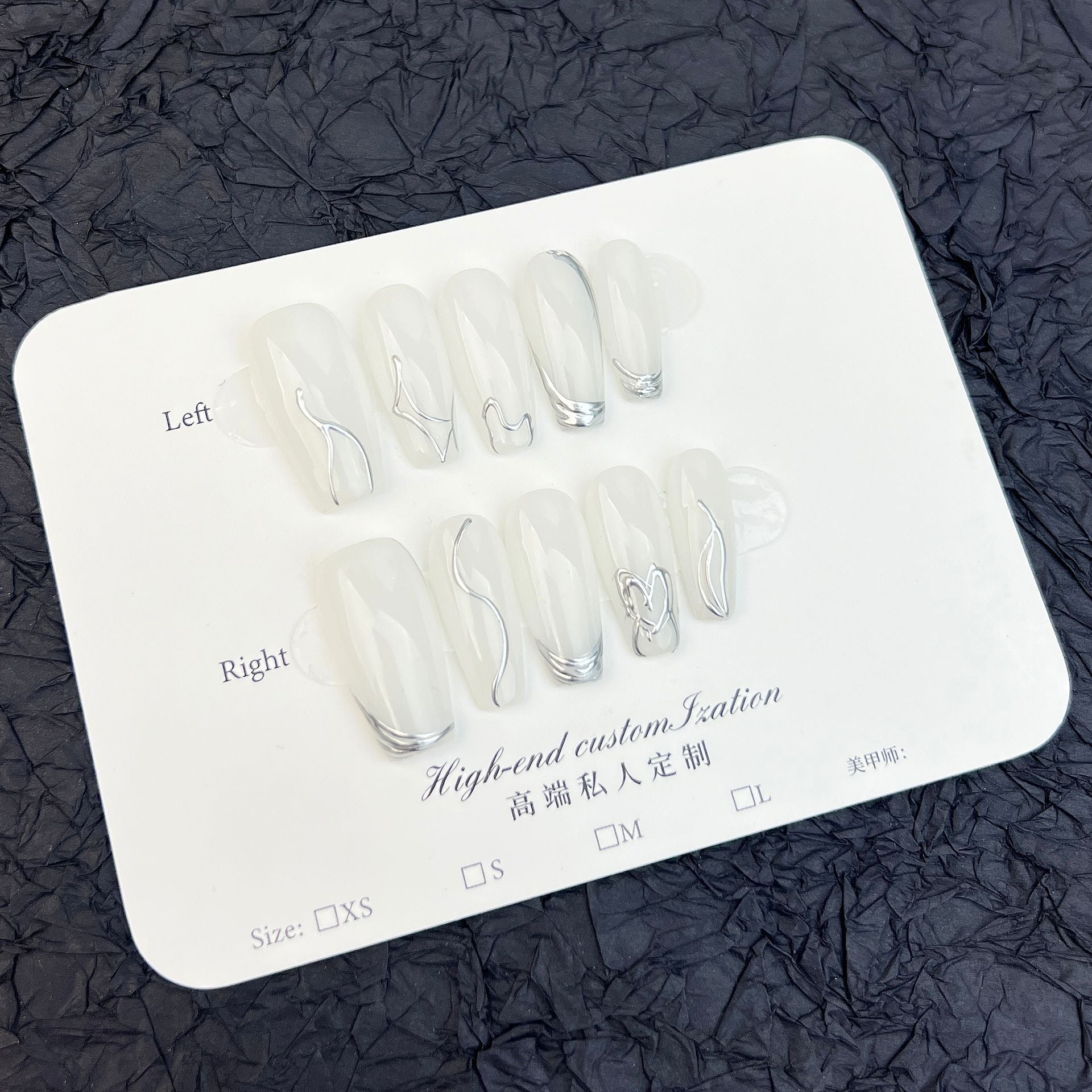 Minimalist Silver Line Art Abstract Chrome Accent White Press-On Nails
