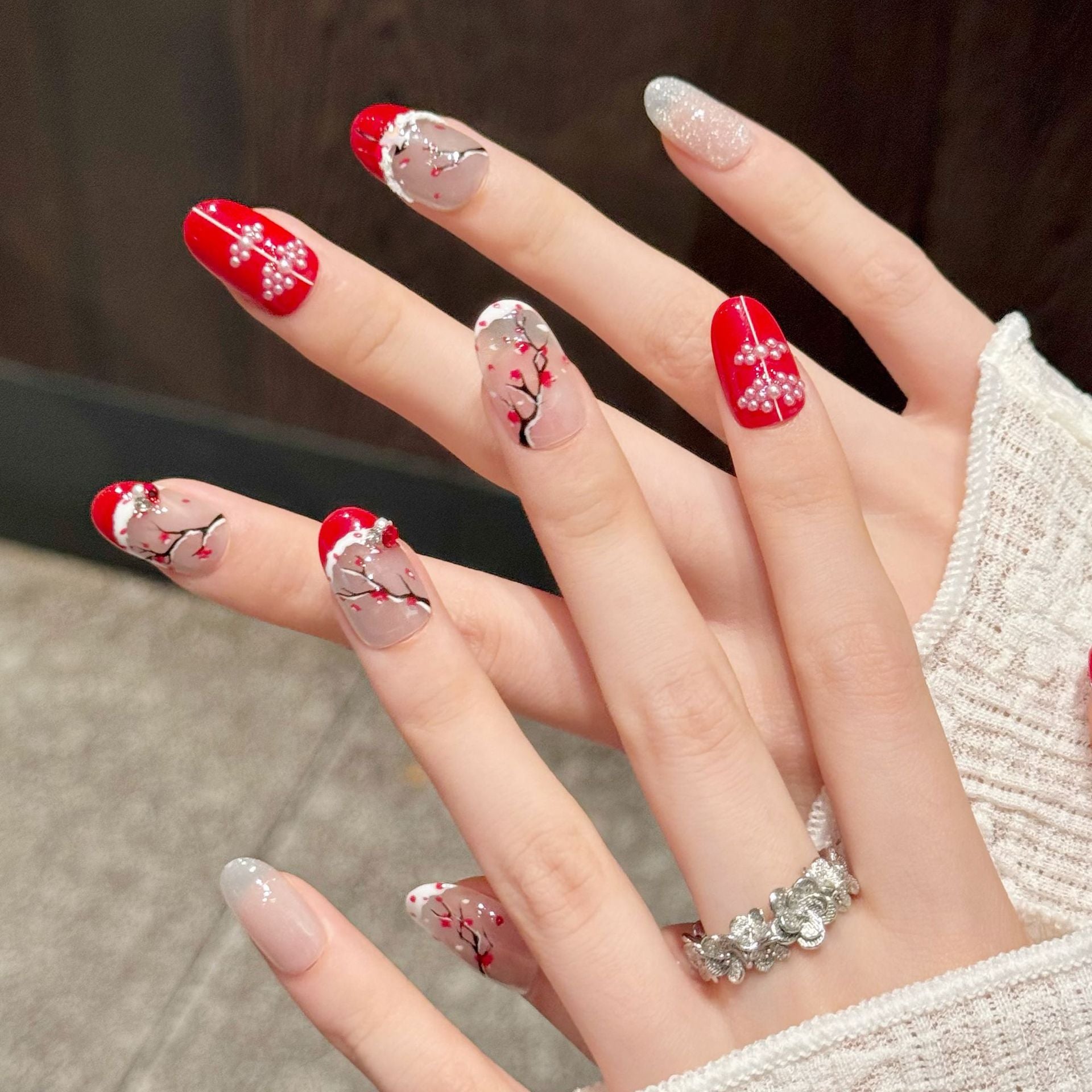 365nails: "Plum Blossom Snow" – Hand-Painted Ink & Red French Tip Handmade Almond Nails