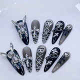 Gothic Press-On Nails with Silver Charms and Dark Gradient Style