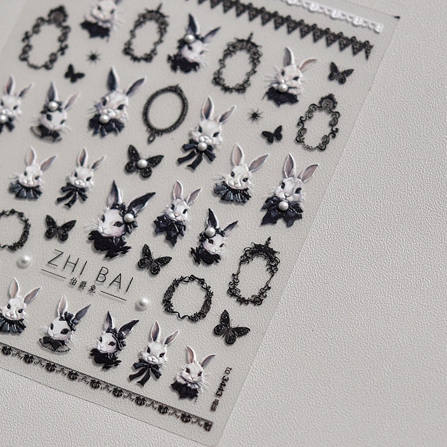 Gothic Bunny Collection: "Dark Lolita Rabbit" – 3D Embossed Nail Sticker