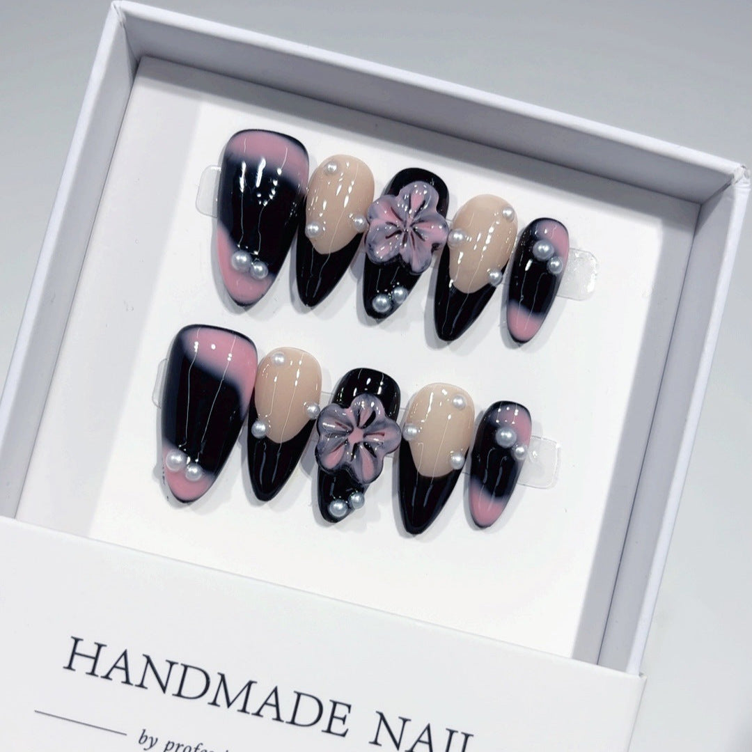 365nails: "午夜櫻花黑夜" – 中長款 杏仁形 黑粉漸層 3D花朵 手工製 穿戴甲