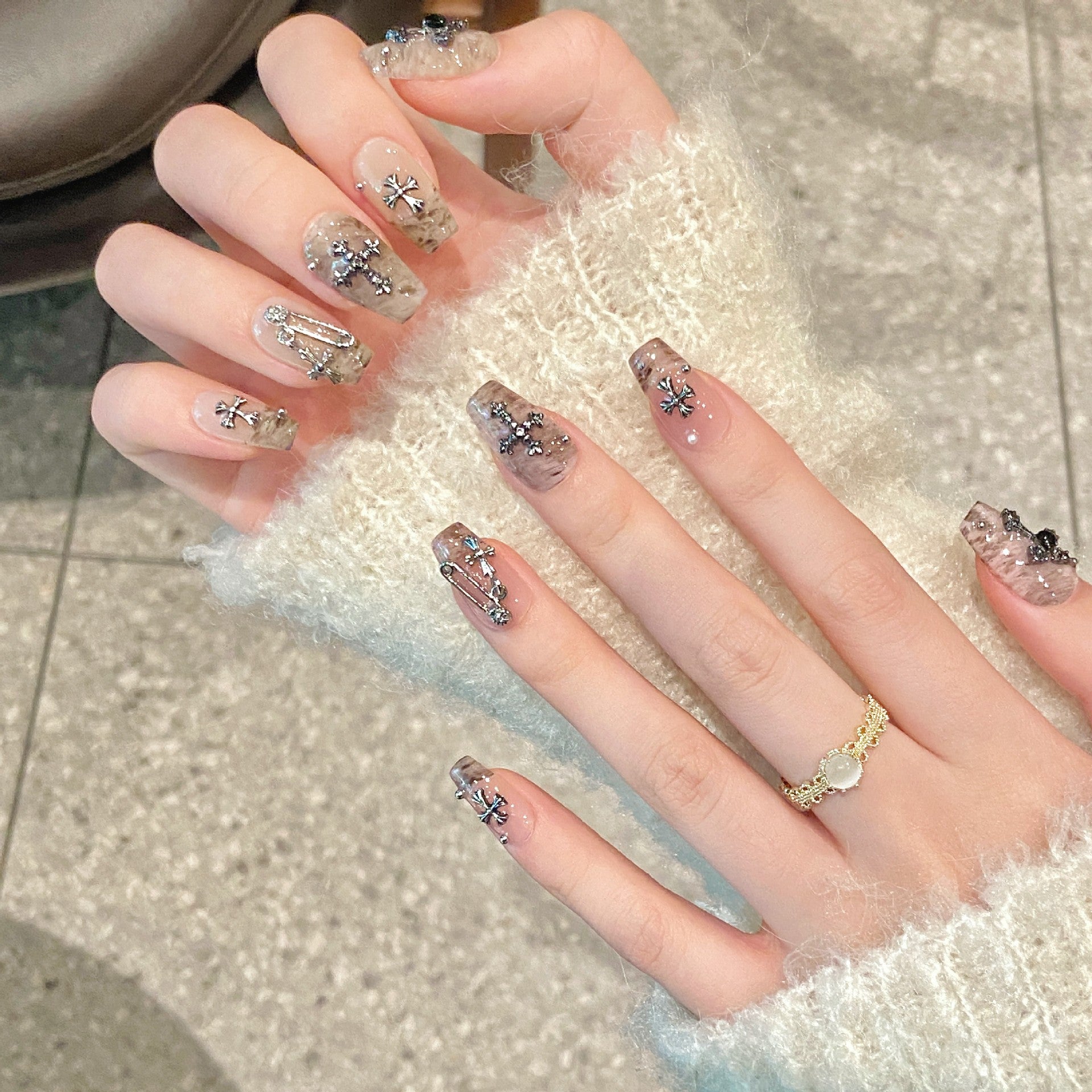 365nails: "Gothic Opulence" – 3D Cross & Chain Handmade Medium Coffin Nails