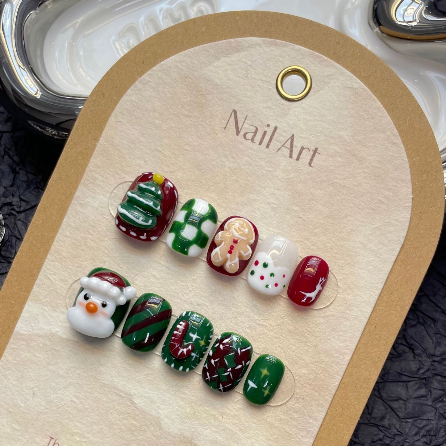 Cute Christmas Press‑On Nails – Snowman, Tree & Gingerbread Design