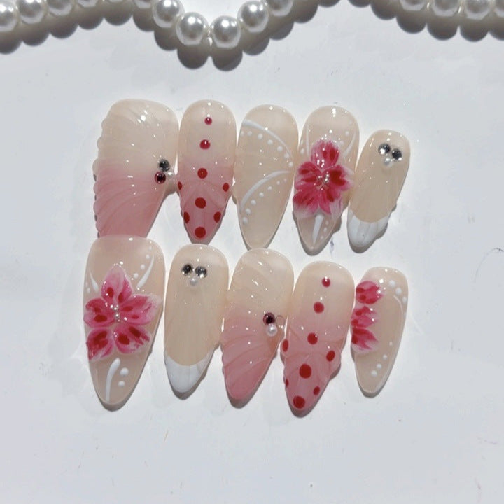 Blush Floral: "Pink Cherry Dots" – Almond Shape Handmade Press-Ons