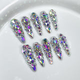 Uñas postizas hechas a mano Flash K9 Aurora AB Symphony, parche de punta larga con diamante completo, adhesivo para uñas portátil | 365nails