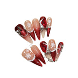 Red Gradient Christmas Press‑On Nails – Snowflake & Gem Bow Design