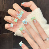 Mint Blue Floral Crystal Press On Nails