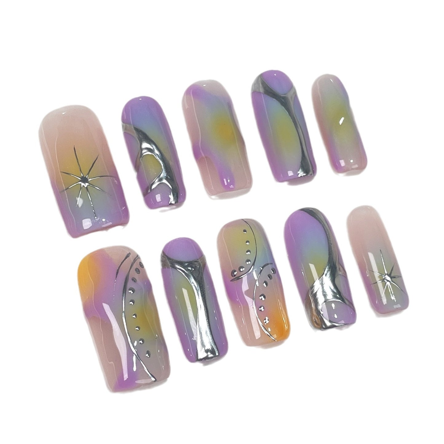 Tecnologia Futura Metal Spice Girl Dream Colorido Feito à Mão Unhas Pressionadas Médias e Longas Patch de Unhas ｜365nails