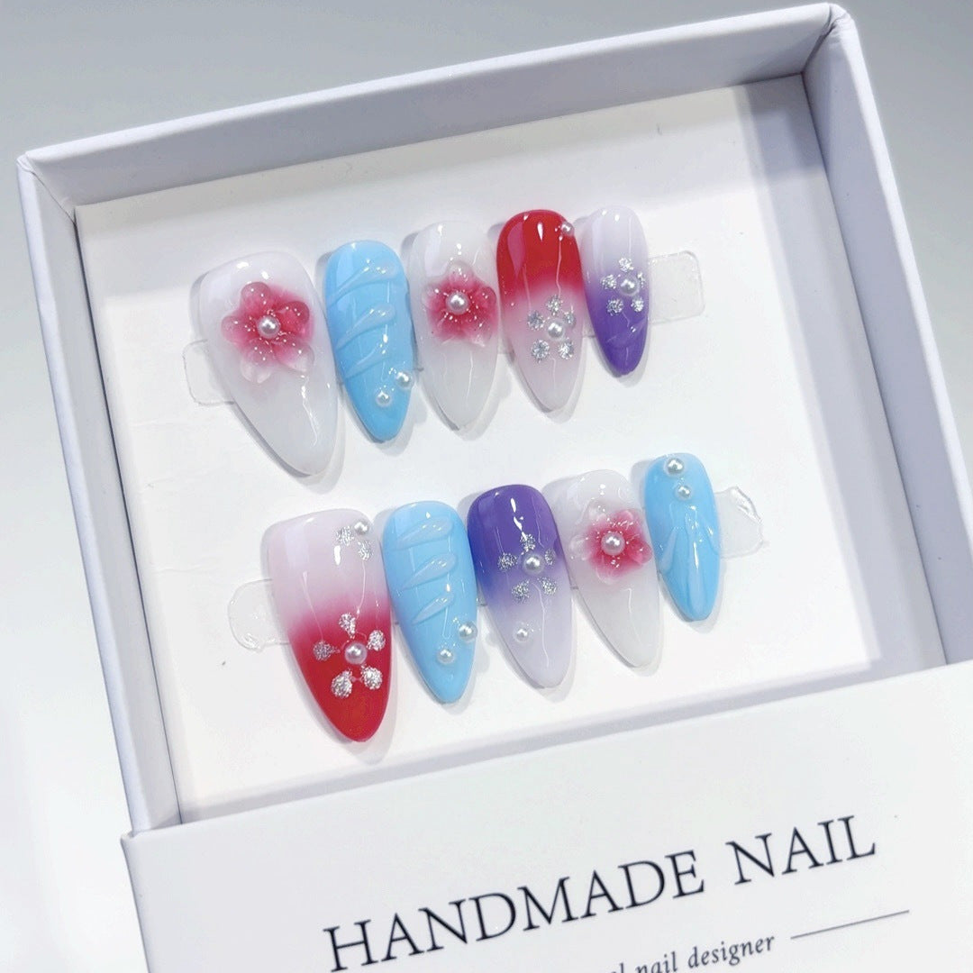 365nails: "Colorful Floral Gradient" – Medium Almond Multicolor Floral Handmade Press-On Nails