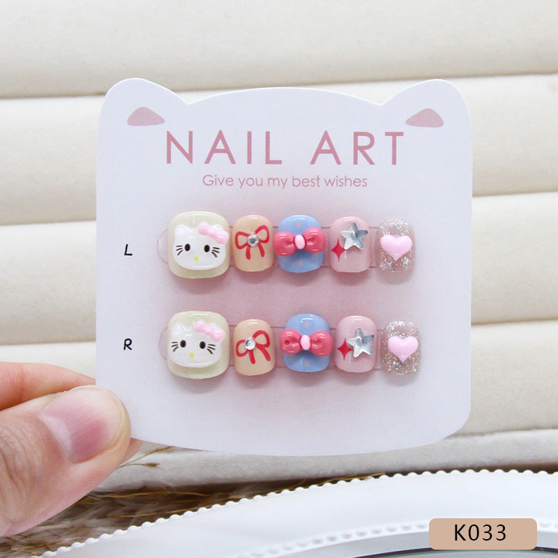 Uñas postizas con diseño de estrellas brillantes y divertidas para niños, con lazo de gato y viento | 365nails