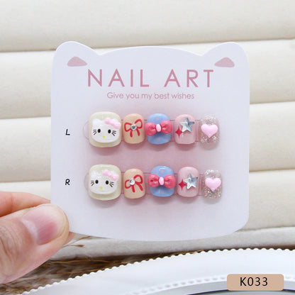 Shining cute children's fun stars love cat bow ins wind fake nails kids nails｜365nails
